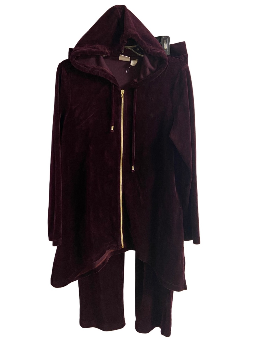 Chico's Burgundy Plush Velour Zip Up Hooded Tunic Jacket & Pants Tracksuit M NWT